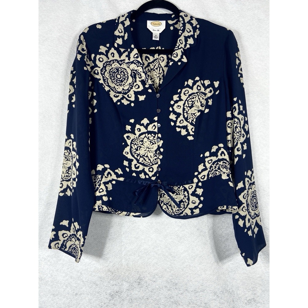 Vintage Talbots Top Womens 12 Blue Cream Long Sleeves Floral Button Up 100% Silk